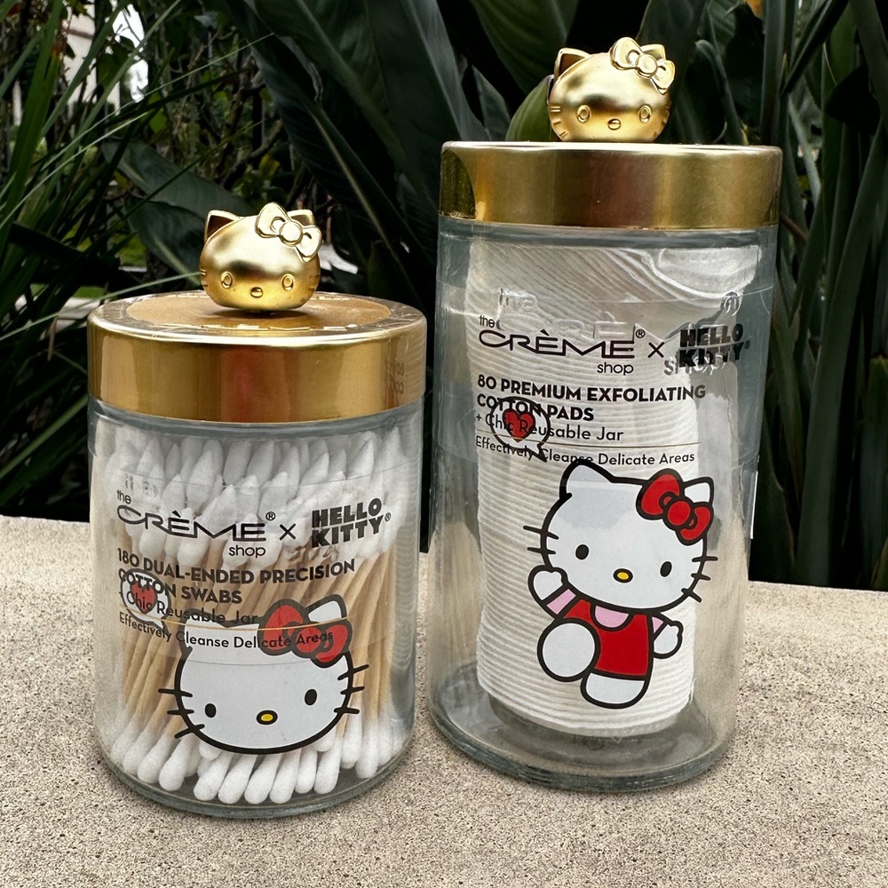 Hello Kitty X Creme Glass containers gold lid q tips cotton vanity